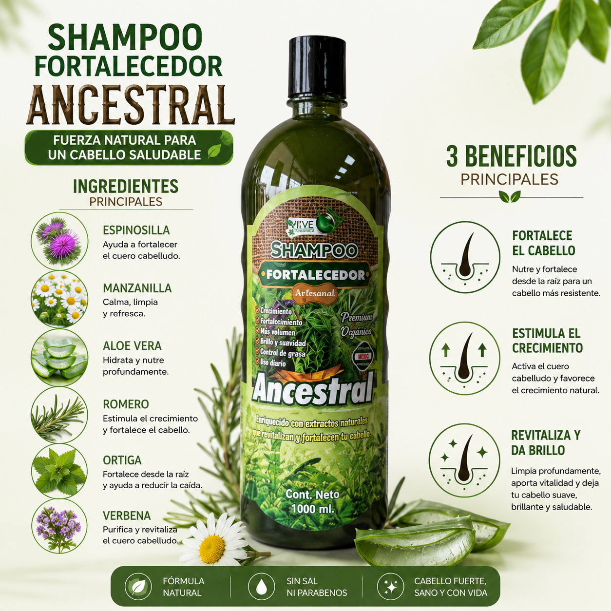 Shampoo Fortalecedor Ancestral | Romero, Aloe Vera y Ortiga | Limpieza Profunda, Fortalece el Cabello y Favorece su Crecimiento | 1 Litro