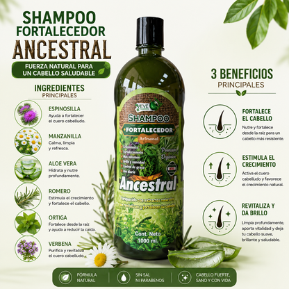 Shampoo Fortalecedor Ancestral | Romero, Aloe Vera y Ortiga | Limpieza Profunda, Fortalece el Cabello y Favorece su Crecimiento | 1 Litro