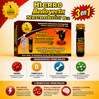 Hierro + Bedoyecta + Neurobión B12 3 en 1 | Complejo B, Calcio y L-Lisina | Energía, Formación de Glóbulos Rojos y Sistema Nervioso | 10 Ampolletas Bebibles
