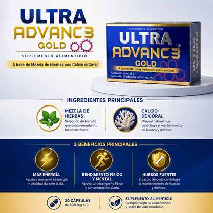 Ultra Advance Gold | Fórmula Herbal con Calcio de Coral | Energía, Rendimiento Físico y Mental | 30 Cápsulas