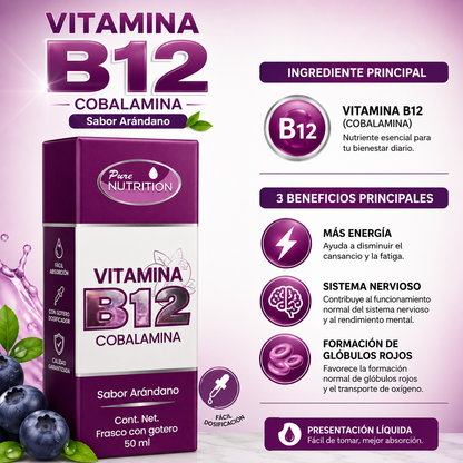 Vitamina B12 Cobalamina Líquida Sabor Arándano | Apoya la Energía, Sistema Nervioso y Concentración | Frasco con Gotero 50 ml