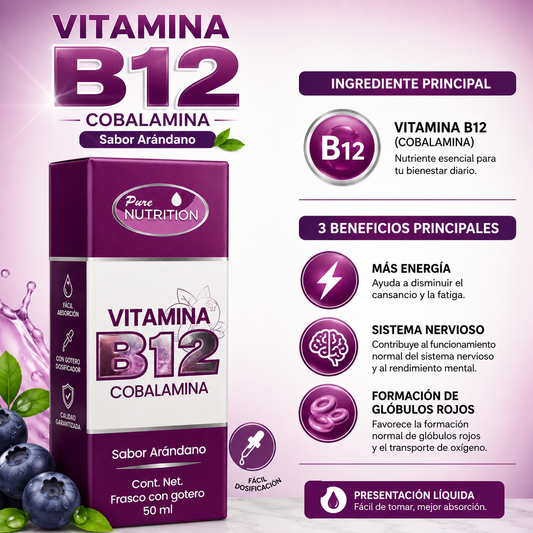Vitamina B12 Cobalamina Líquida Sabor Arándano | Apoya la Energía, Sistema Nervioso y Concentración | Frasco con Gotero 50 ml