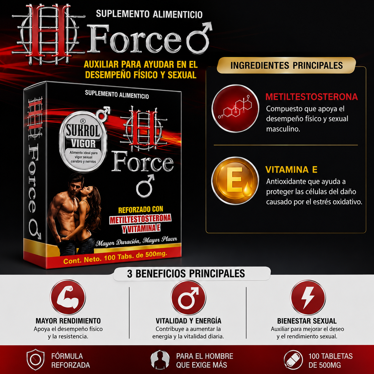 Sukrol H Force | Suplemento con Vitamina E | Apoyo para la Vitalidad, Energía y Rendimiento Masculino | 100 Tabletas