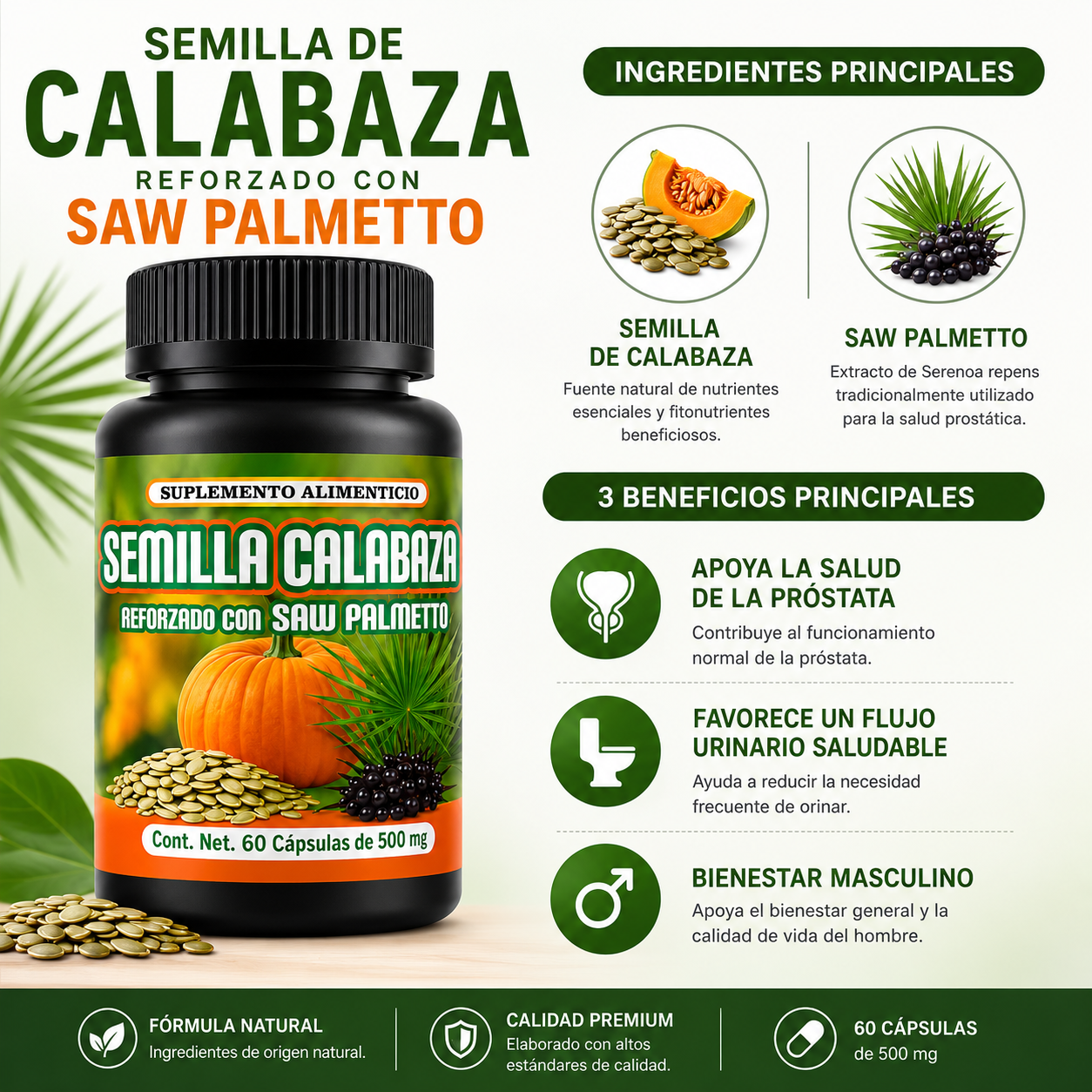 Semilla de Calabaza con Saw Palmetto | Apoyo Natural para la Salud de la Próstata y el Bienestar Masculino