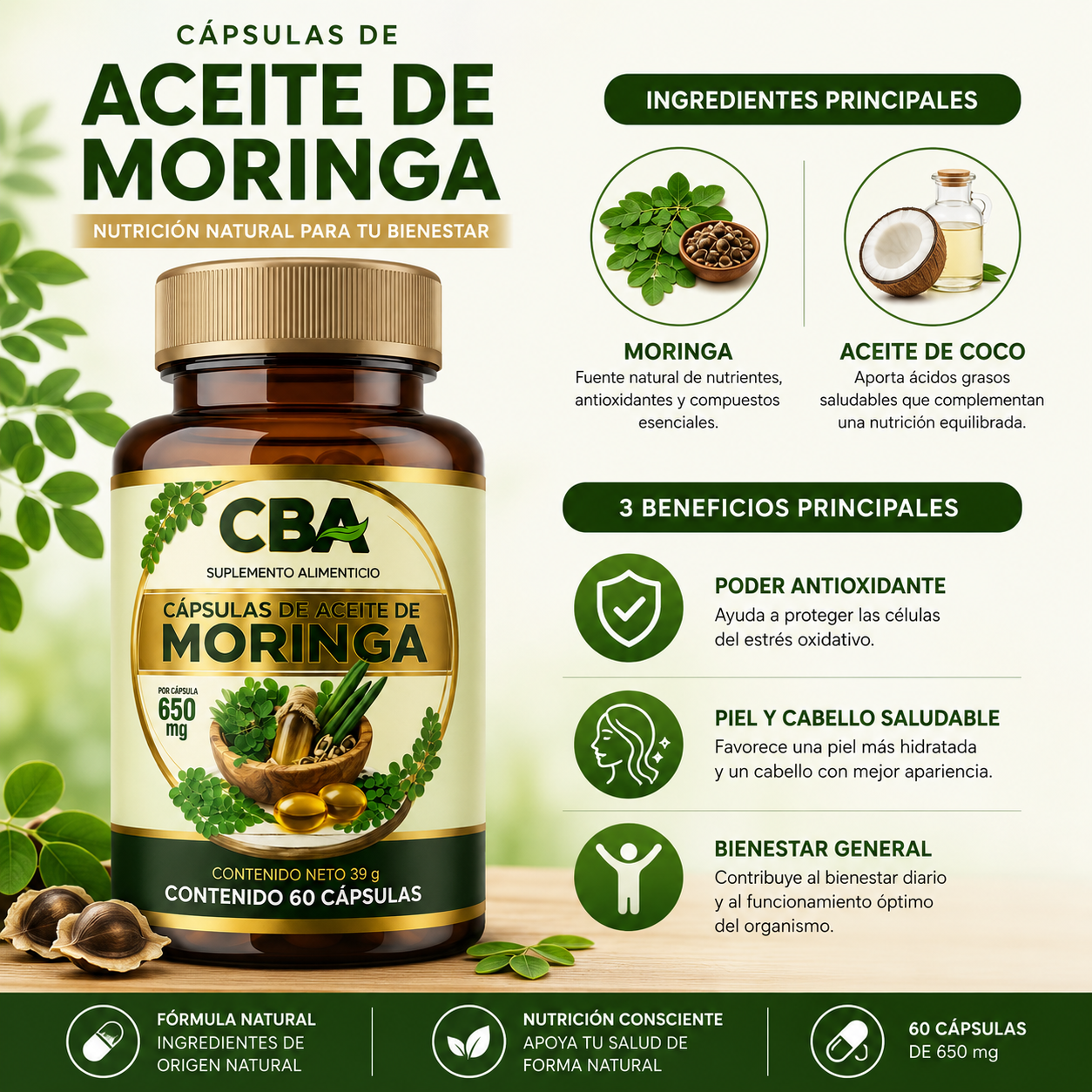 Aceite de Moringa en Cápsulas | Nutrición Natural para Piel, Cabello y Bienestar General