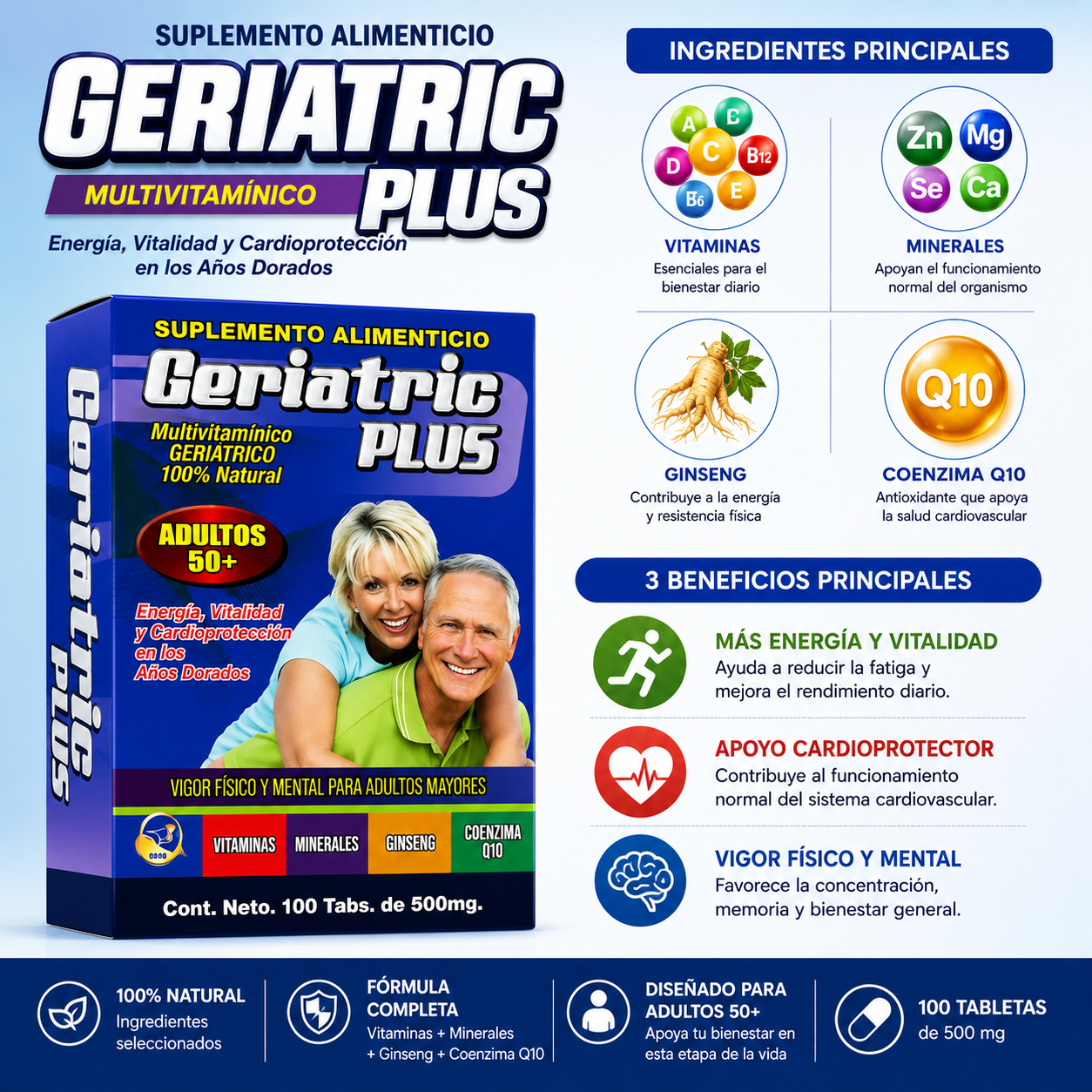 Geriatric Plus Multivitamínico para Adultos 50+ | Vitaminas, Minerales, Ginseng y Coenzima Q10 | Energía y Bienestar Diario
