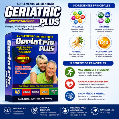 Geriatric Plus Multivitamínico para Adultos 50+ | Vitaminas, Minerales, Ginseng y Coenzima Q10 | Energía y Bienestar Diario