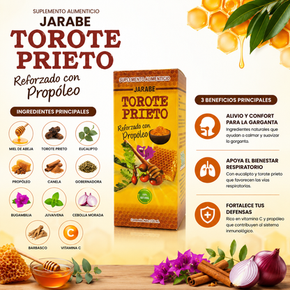 Jarabe de Torote Prieto con Propóleo y Miel de Abeja | Apoyo para la Garganta y Bienestar Respiratorio | Con Vitamina C