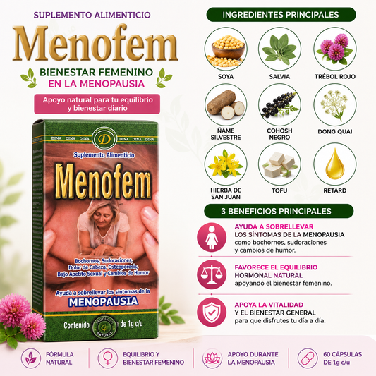 Menofem | Fórmula Natural con Soya, Trébol Rojo, Salvia y Cohosh Negro | Bienestar Femenino durante la Menopausia