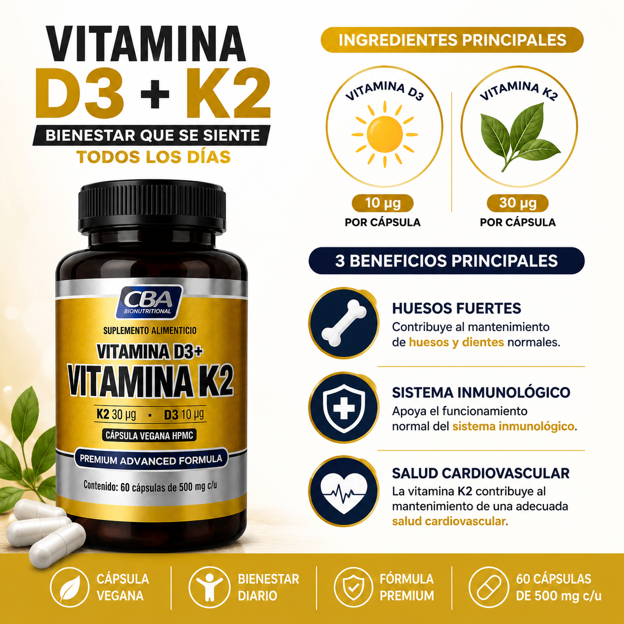 Vitamina D3 + Vitamina K2 Premium | Apoyo para Huesos, Sistema Inmunológico y Salud Cardiovascular | 60 Cápsulas Veganas
