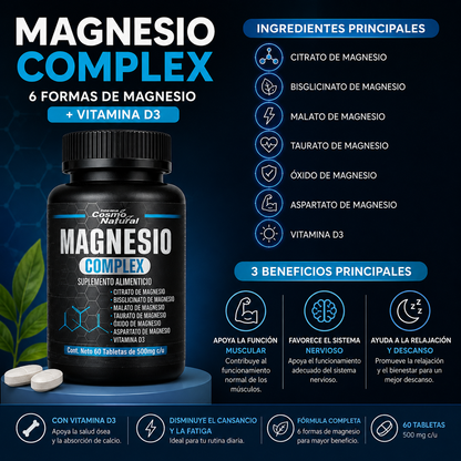 Magnesio Complex | 6 Formas de Magnesio + Vitamina D3 | Apoyo Muscular, Nervioso y Descanso | 60 Tabletas