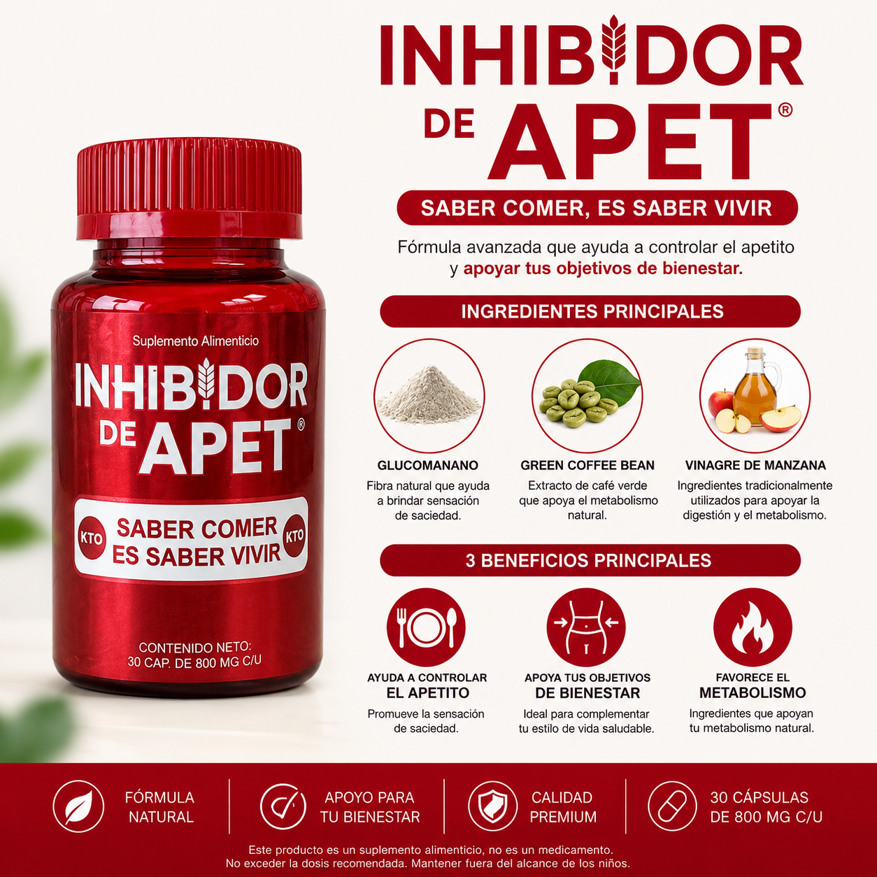 Inhibidor de Apetito con Glucomanano, Café Verde y Vinagre de Manzana | Apoyo para el Control del Apetito y Bienestar | 30 Cápsulas
