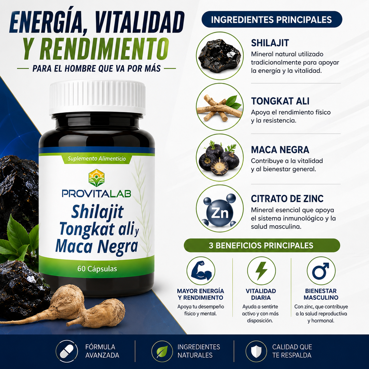Shilajit + Tongkat Ali + Maca Negra + Zinc | Fórmula para Energía, Vitalidad y Rendimiento Masculino | 60 Cápsulas