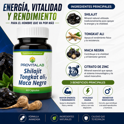 Shilajit + Tongkat Ali + Maca Negra + Zinc | Fórmula para Energía, Vitalidad y Rendimiento Masculino | 60 Cápsulas