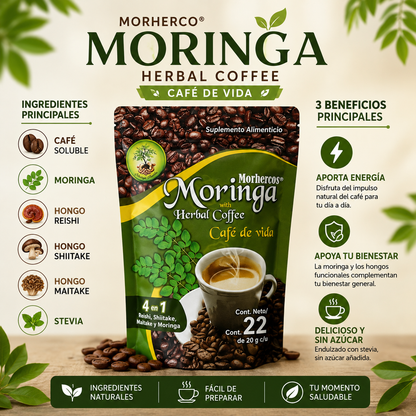 Café de Moringa con Reishi, Shiitake y Maitake | Café Soluble con Stevia | Apoyo para Energía y Bienestar Diario | 22 Sobres