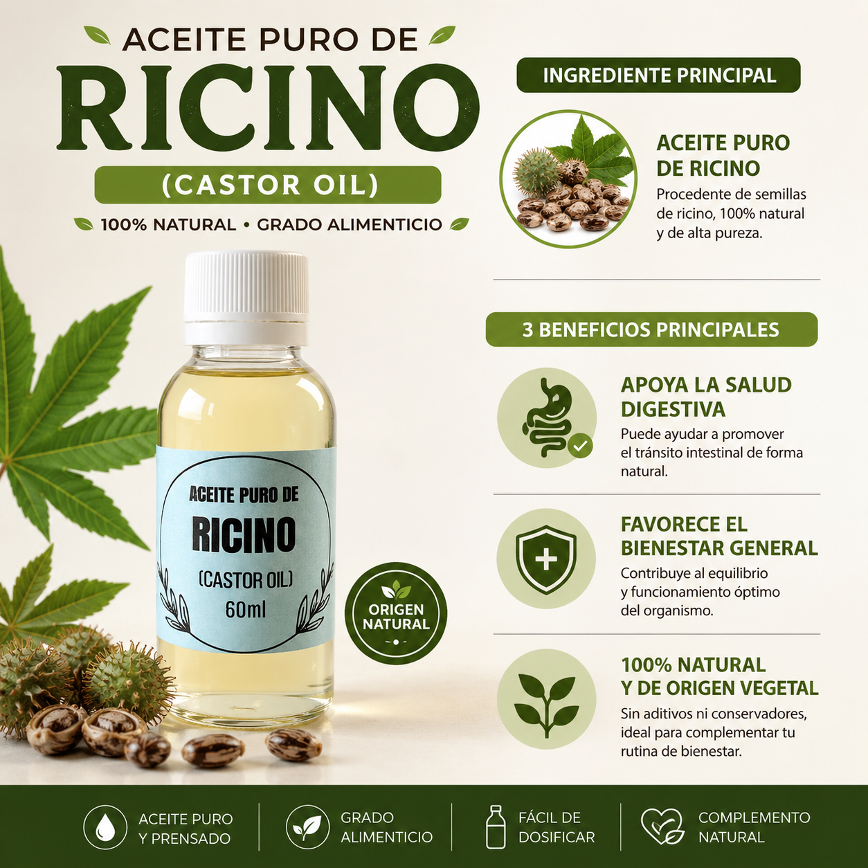 Aceite Puro de Ricino (Castor Oil) Grado Alimenticio | 100% Natural | 60 ml
