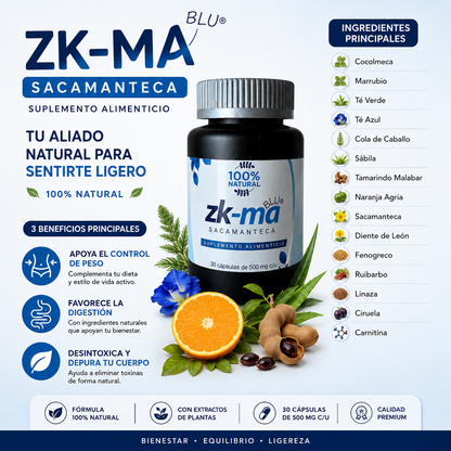 ZK-MA Blue®️ Sacamanteca | Fórmula Herbal con Carnitina, Té Verde y Diente de León | 30 Cápsulas