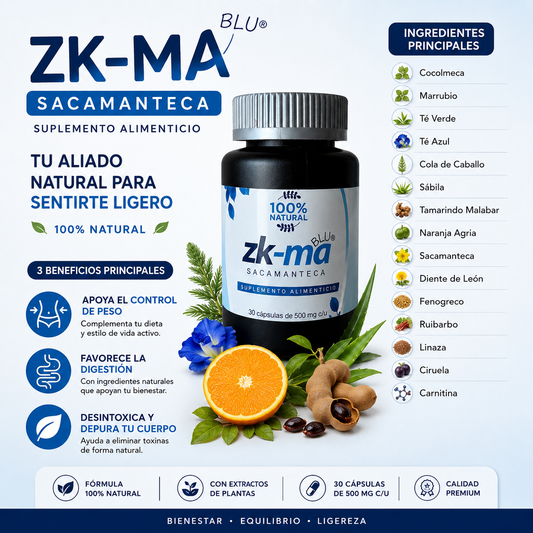 ZK-MA Blue®️ Sacamanteca | Fórmula Herbal con Carnitina, Té Verde y Diente de León | 30 Cápsulas