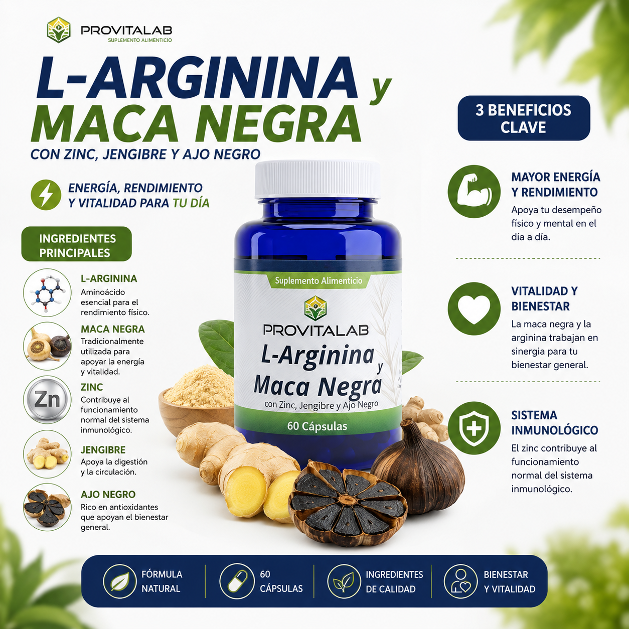 L-Arginina y Maca Negra con Zinc | Fórmula con Jengibre y Ajo Negro | Energía y Vitalidad | 60 Cápsulas