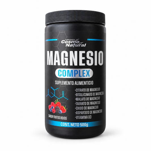 Magnesio Complex 500 g | 6 Fuentes de Magnesio + Vitamina D3 | Sabor Frutos Rojos